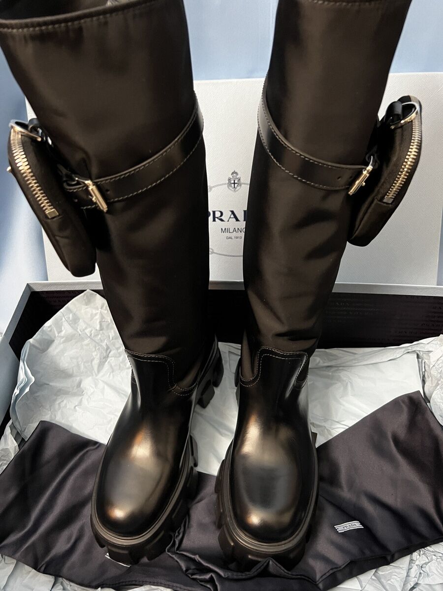 NIB Prada Monolith Nylon Zip-Pocket Platform Riding Boots NIB Prada Monolith Nylon Zip-Pocket Platform Riding Boots