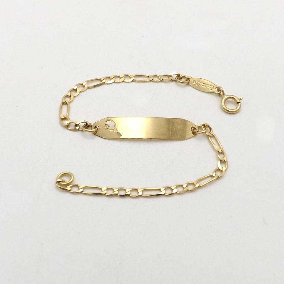 Solid 18k Gold Tennis Id Nameplate Figaro Link Child Baby Bracelet Italy 750 New - Image 3 of 4