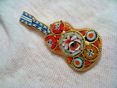 Vintage Miero Mosaik Gitarre Brosche - Blumen Design. Nicht Markiert. 45Mm. #43