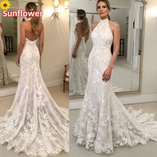 Beach Mermaid Wedding Dresses Lace Applique Halter Neck Backless Bridal Dresss