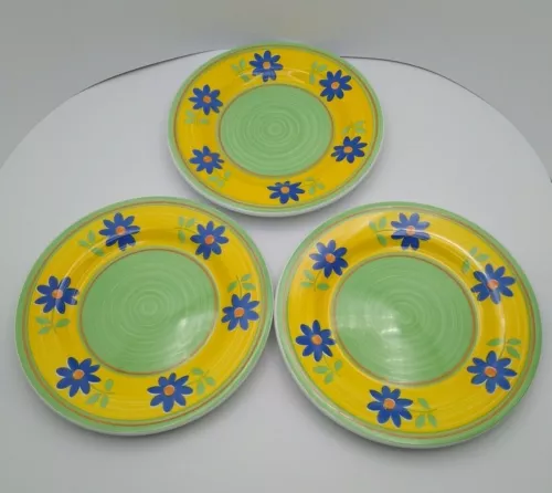 Set of 3 FURIO HOME Salad Plates Blue/Yellow Flower 8" Green Made in Italy FU078