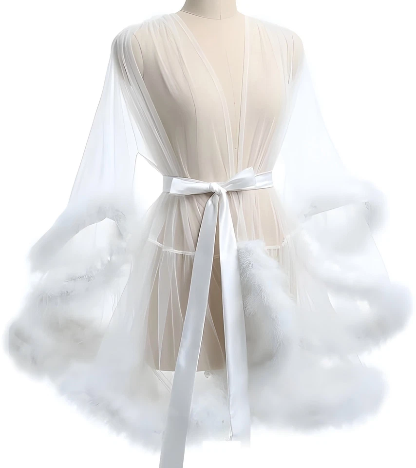 Bata de piel para mujer bata de tul sexy batas ribete de piel vestido bata de tul de piel para Mater Foto 3 de 4