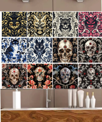 24x Gemischt Gothic Schädel Katze Peeling und Stick Fliesen Vinyl Aufkleber Badezimmer Küche