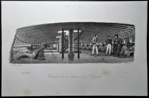 GRAVURE - ANTIQUE PRINT Marine Intérieur de la batterie d'une Frégate 1837