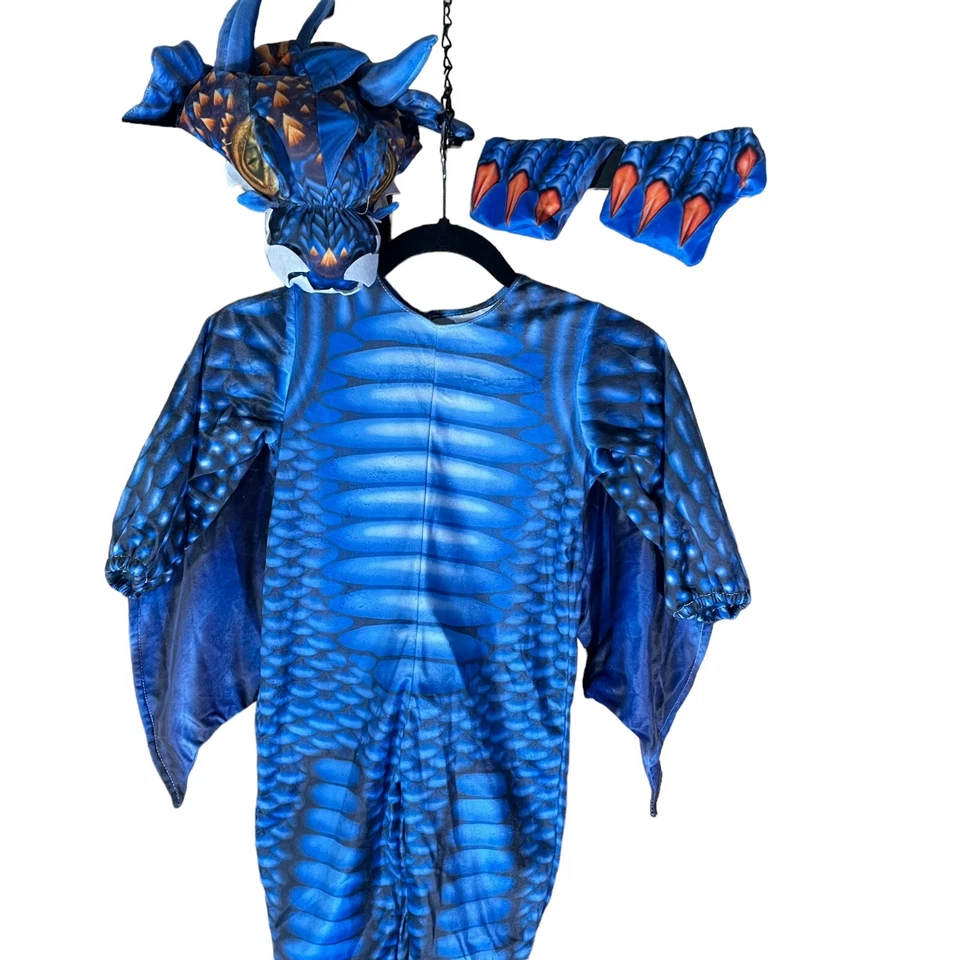 Underwraps Dragon Costume 18-24 Months Blue Bodysuit Hood Mittens Wing Tail - Image 2 of 4