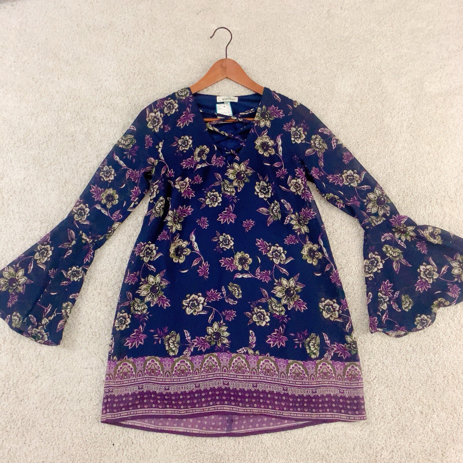 Blue Purple Olive Green Floral Long Flare Sleeve Tunic Top XS NWT