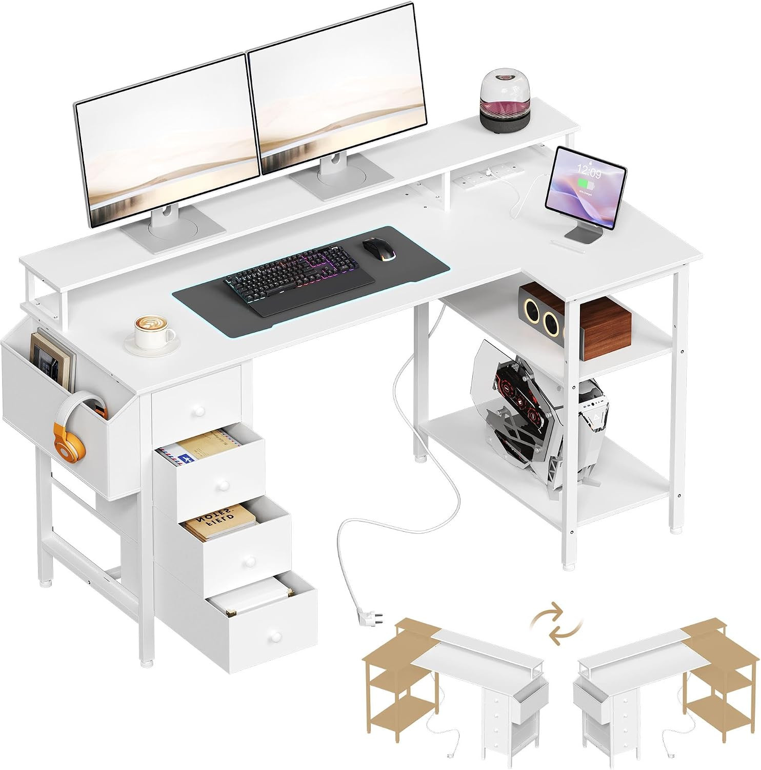 L-Shaped Gaming Desk Drawers Power Outlets