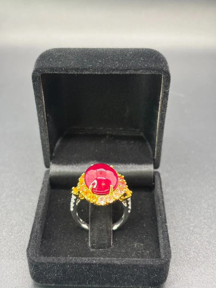 925 Silver & 24KT Gold-Plated Natural Ruby, Tourmaline & Citrine Ring Certified - Image 4 of 4