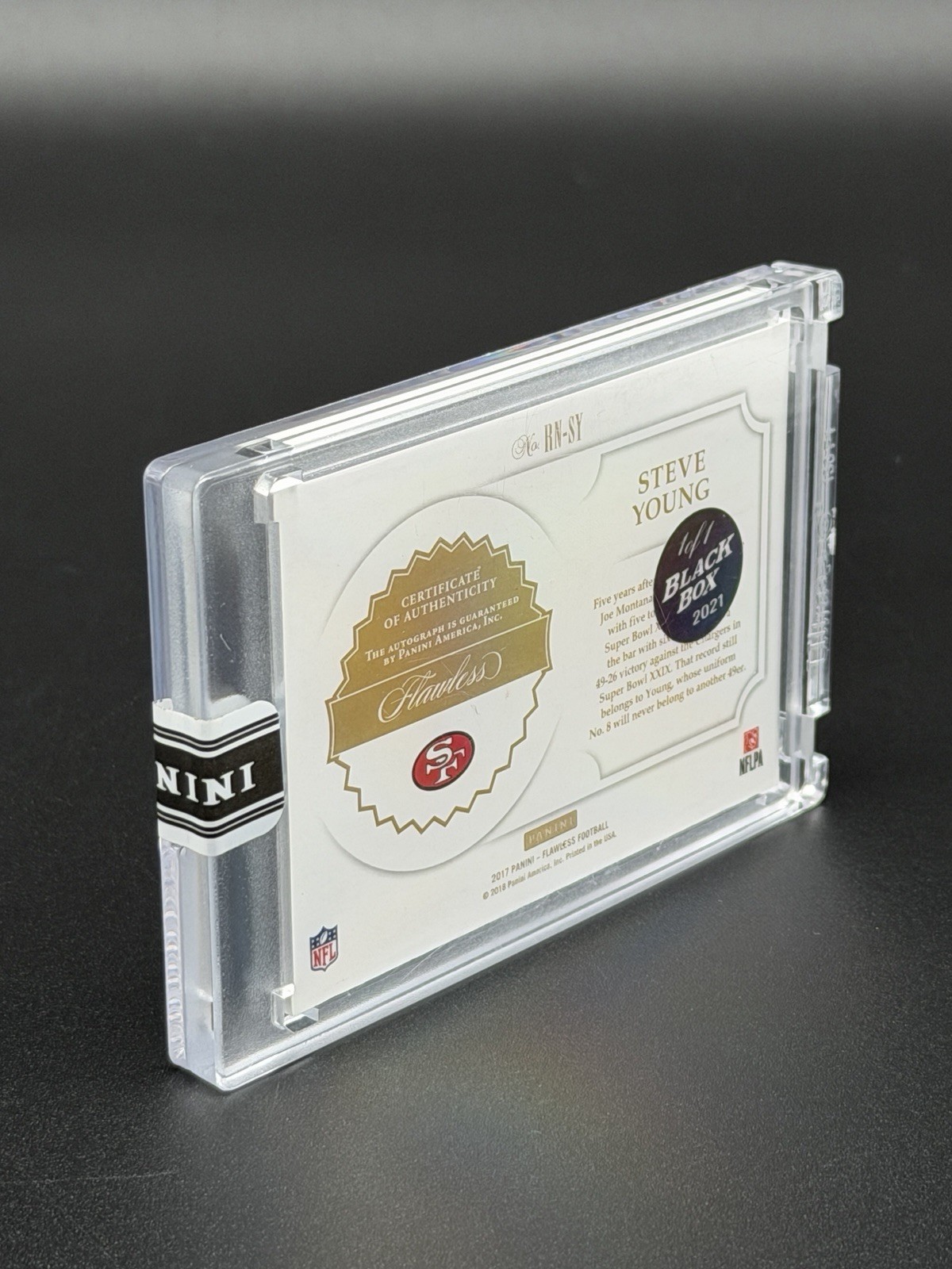 Steve Young 2017 Panini Flawless Retired Numbers Auto Gold 2021 Black Box 1/1 view 10