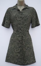 TOPSHOP GREEN BLACK CREAM PRINT SHIRT DRESS SIZE 8 BELTED WAIST