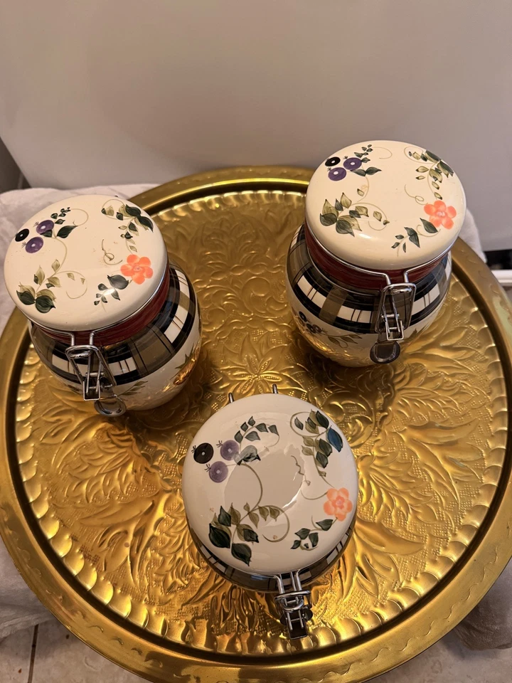 Juego de 3 latas Oneida Strawberry Plaid tapas de bloqueo pintadas a mano fruta floral Foto 3 de 4