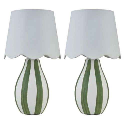 Set of 2 Green & White Stripe Ceramic Table Lamp Bedside Lights Scalloped Shades