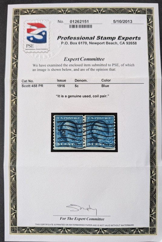 US Scott 458 Used Coil Pair PSE Certificate