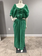 Just Me Salerno Jumpsuit Green - Size M Abdominal Cutouts & Embroidered 