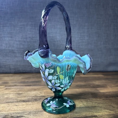 Fenton Glass New Century XXI Spruce Green Purple Dragonfly Painted Basket Flower