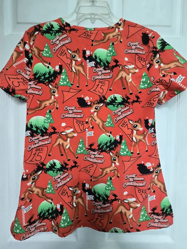Blusa Médica NAVIDAD Talla S-Rudolph Rojo-Nariz Reno-Pecho 20.5"/L 26.5" Foto 2 de 4