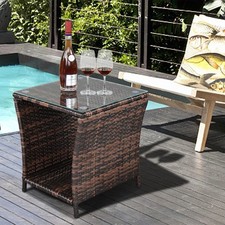 PE Rattan Coffee Table Two-tier Side Table with Glass Top for Patio Garden Brown