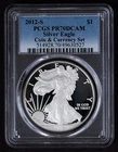 2012-S PCGS PR70DCAM Proof American Silver Eagle $1 Coin & Currency Set