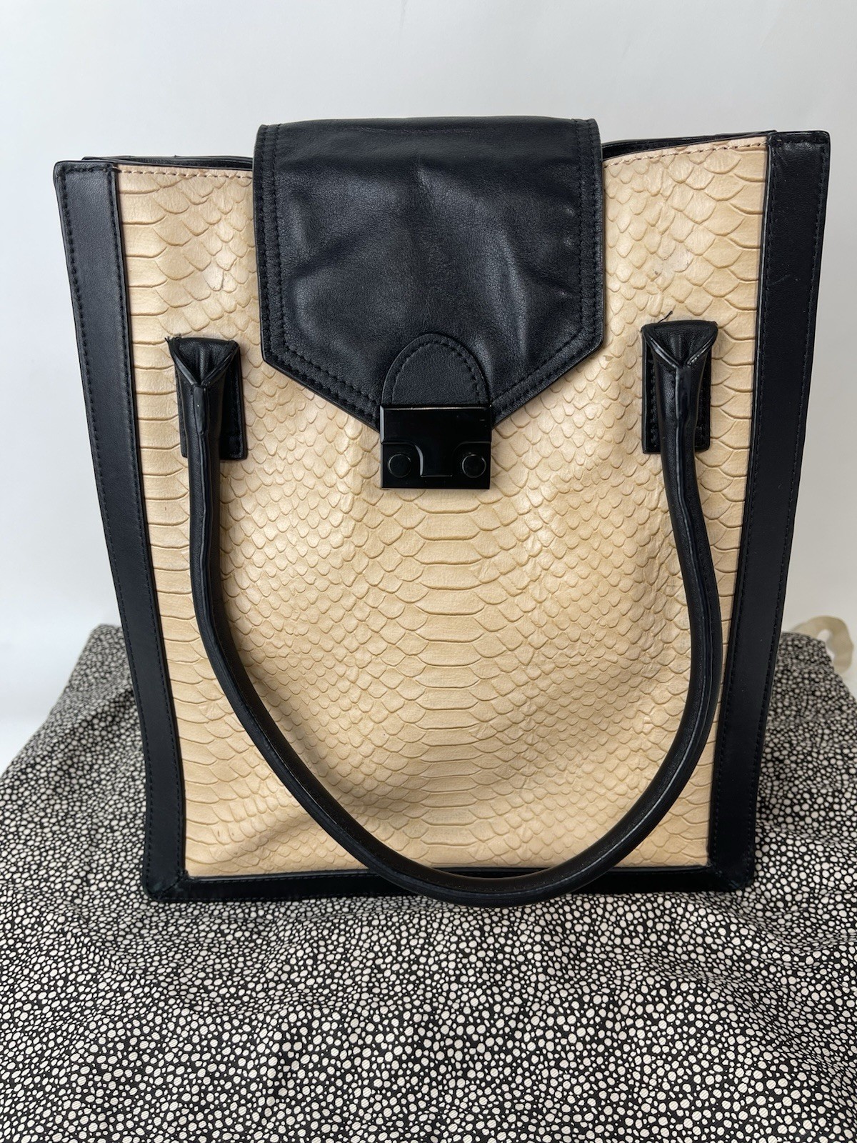 LOEFFLER RANDALL WORK TOTE EMBOSSED SNAKE LEATHER BLACK POLKA DOT PATTERN BAG