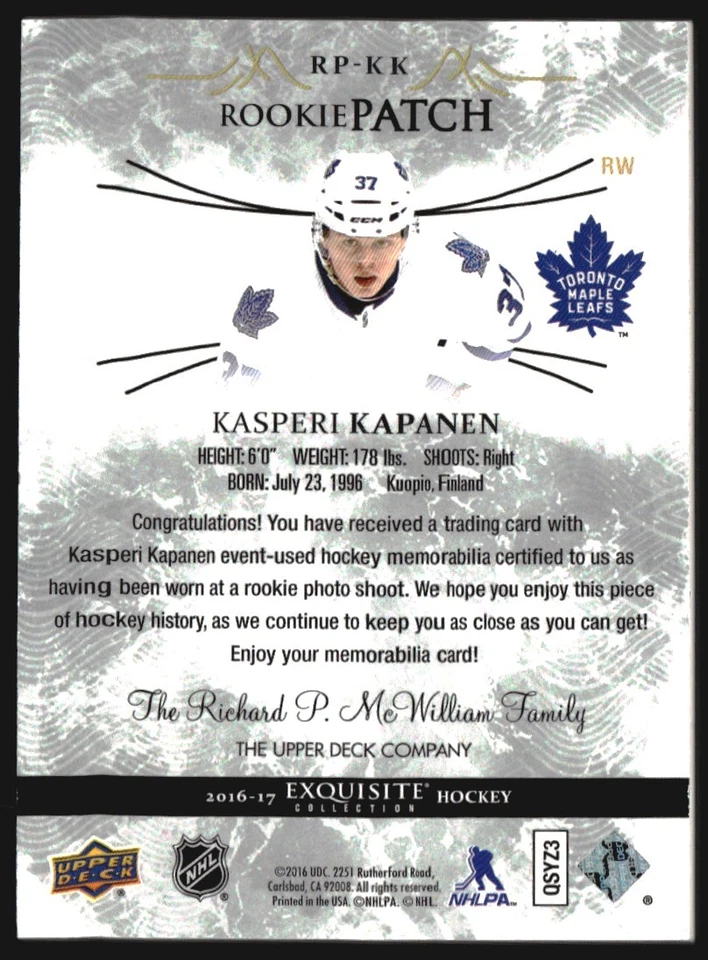 2016-17 Exquisite Collection Rookie Patches #RPKK Kasperi Kapanen Patch /299 - Image 2 of 2