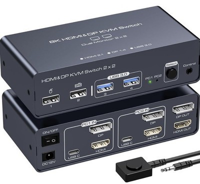 8K HDMI + DisplayPort KVM Switch 2 Port 2 Monitor | USB 3.0 | Dual Monitor