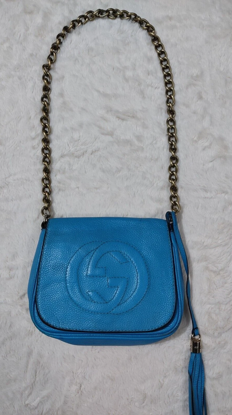 Gucci Soho GG sac bandoulière bandoulière bandoulière rabat gland métal armé chaîne sangle cuir