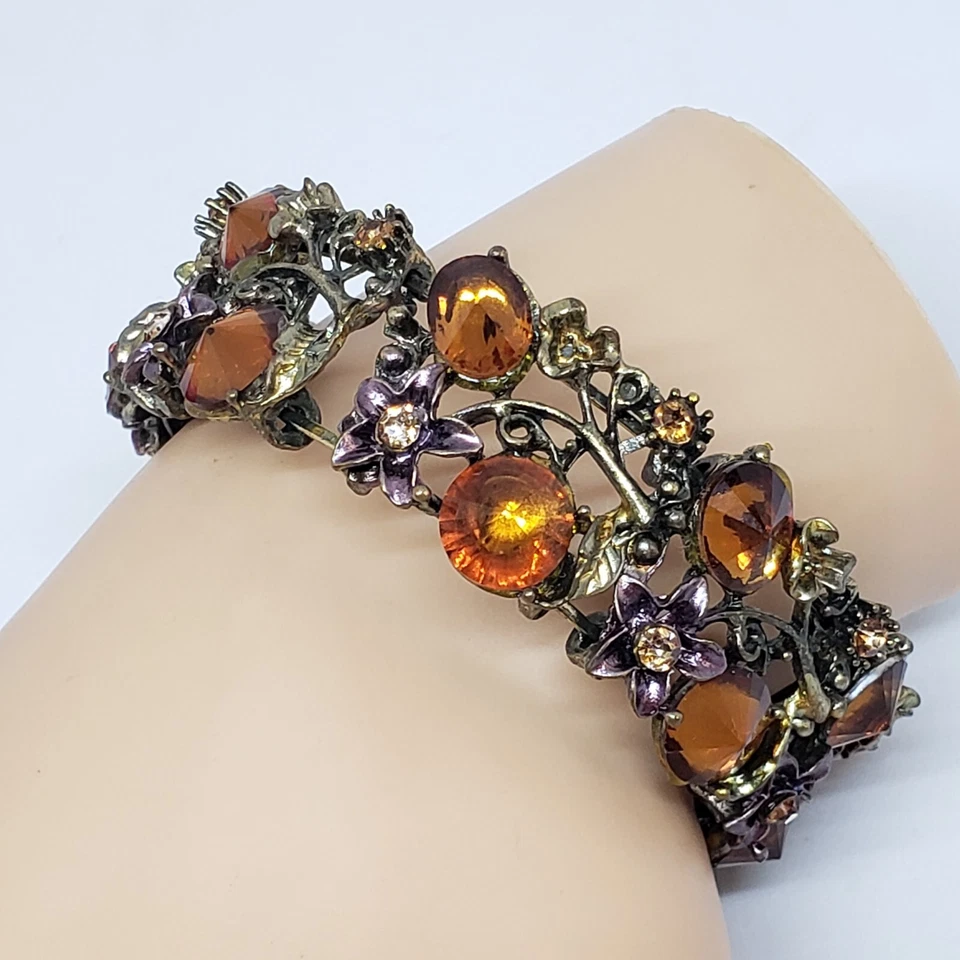 Brazalete Floral Tono Dorado Antiguo Estrás Rivoli Lucite Color Ámbar Foto 4 de 4