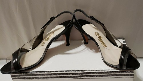 Amano Clear & Leather Black Peeptoe Womens Slingback 6M 2.5" heel. Made in USA - Picture 2 of 10