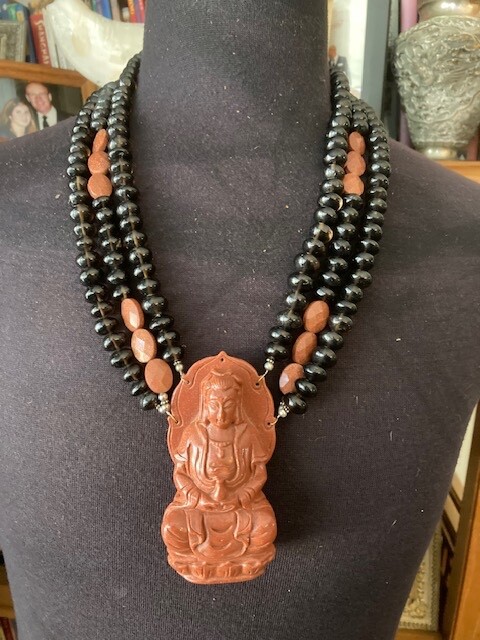 Amazing Massive Dramatic Goldstone and Dark Smokey Quartz Quan Yin Necklace