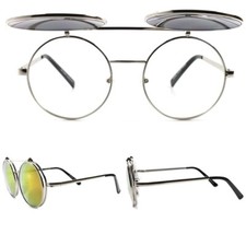 Yellow Mirrored Lens Steampunk Round Django Inspired Urban Flip Up Sunglasses