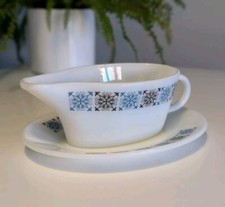 JAJ Gravy Boat & Plate. Vintage Pyrex Milk Glass. Checkers Design. VGC