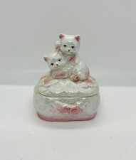 Vintage Lusterware Pink White Two-Kitten Heart Shaped Trinket Vanity Box Cat