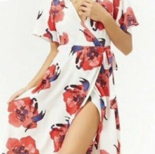 Forever 21 Contemporary Medium Ivory Red Floral Tie-Belt Wrap Chiffon Dress NWT