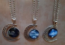 Crescent Moon Celestial Earth Views Glass Pendant Three Piece Set  Occult Wiccan
