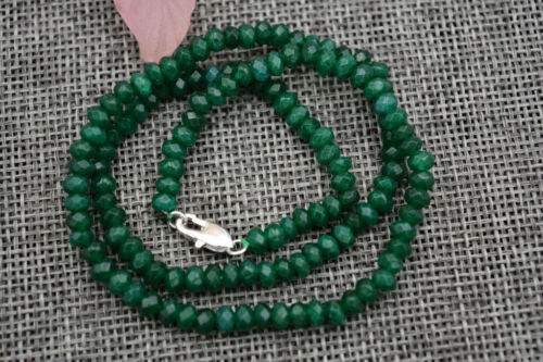 2x4mm Faceted Dark Green Emerald Rondelle Gemstone Necklace 18'' Silver Clasps - Afbeelding 1 van 3