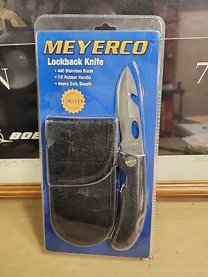 Meyerco Lockback Knife 440 SS Blade T.P. Rubber Handle W/ Sheath New In Package