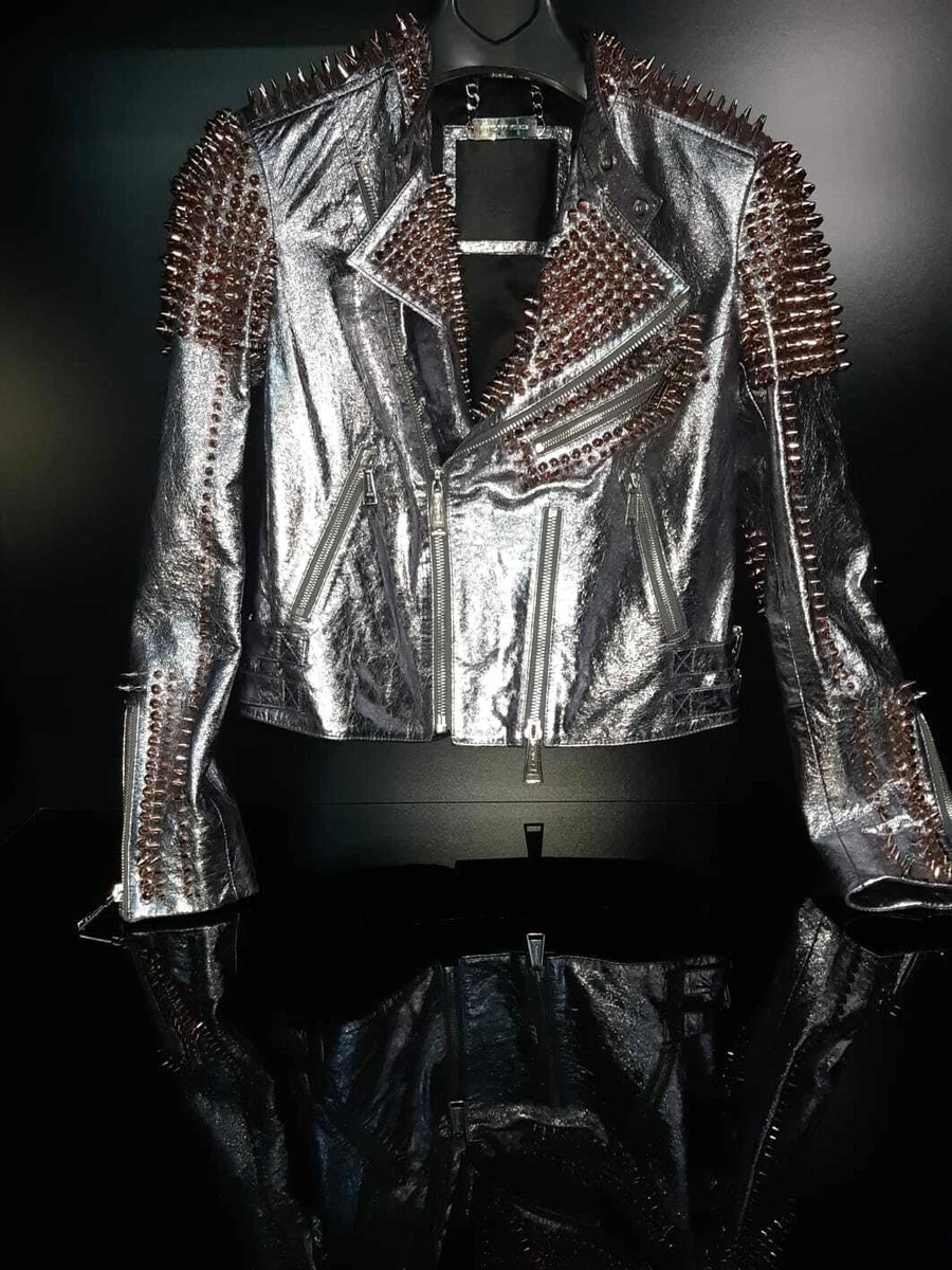 PHILIPP PLEIN STUDDED LEATHER BIKER JACKET SILVER