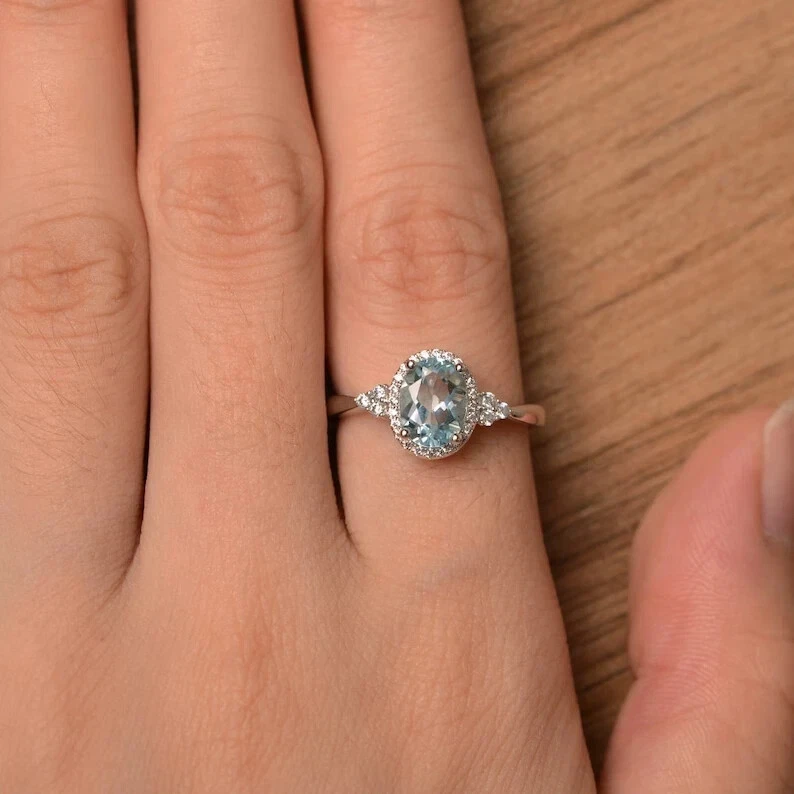 Обручальное кольцо из настоящего чистого белого золота 14 карат с овальным натуральным бриллиантом аквамарином 2,80 карата - Изображение 3 из 4