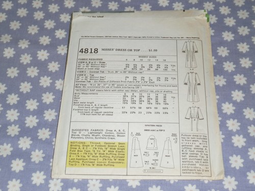 VTG 70's McCALL'S 4818 MISSES PULLOVER LONG DRESS OR TOP PATTERN UNCUT-SIZE 8 - Picture 2 of 2