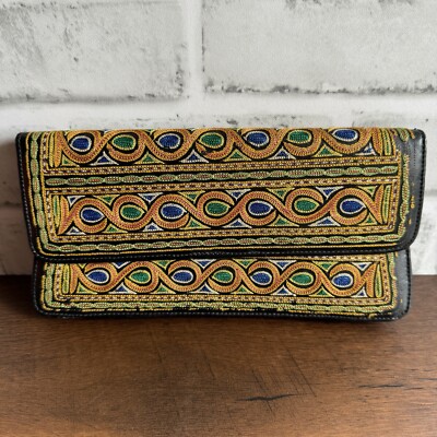 VTG Embroidered Tribal Wallet/Clutch Black Vinyl Colorful Orange Blue Green Boho