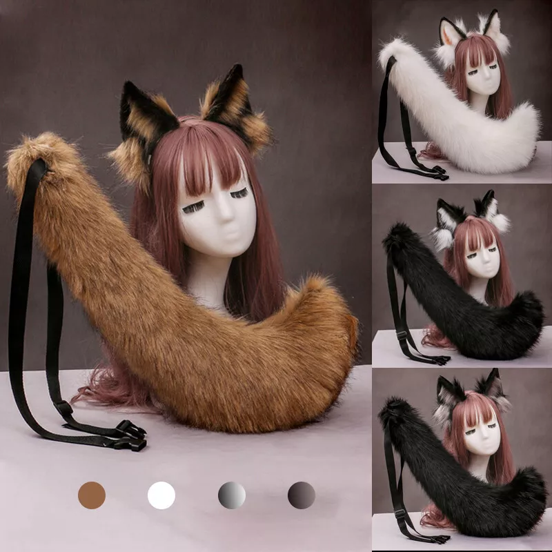 Faux Fur Wolf Ears Headband and Furry Anmimal Long Tail Kit Cosplay Costume