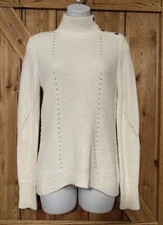 White House Black Market Button Detail Mock Neck Ribbed White Sweater Size XS