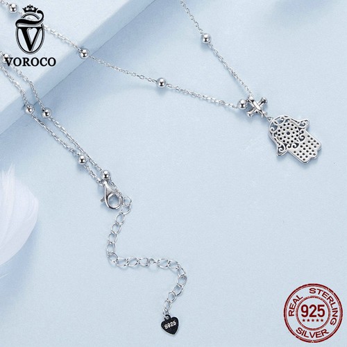 VOROCO Elegant 925 Sterling Silver Fatima's Hand CZ Necklace Women Gifts Jewelry - Picture 5 of 13