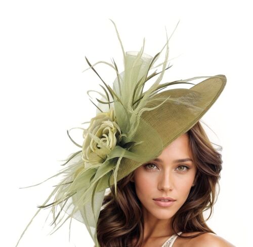 Olive Green Moss Forest Large Feather Fascinator Hat Headband for Kentucky - Afbeelding 1 van 6