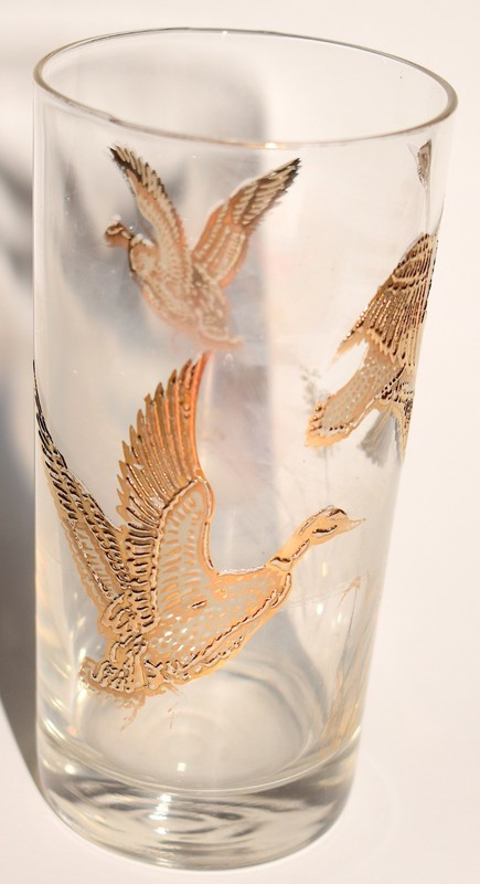 Vtg Libbey Glass Golden Mallards 5.5" Highball Tumbler MCM Embossed Gold FreeS&H