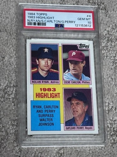 PSA 10 BASEBALL CARD 1984 TOPPS 1983 HIGHLIGHT NOLAN RYAN STEVE CARLTON GAYLORD