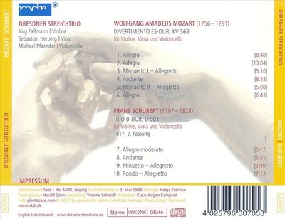 MOZART: DIVERTIMENTO, KV 563; SCHUBERT: TRIO, D 581 NEW CD
