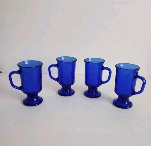 VTG Anchor Hocking Cobalt Blue Glass Irish Coffee Mugs Pedestal Retro Set of 4