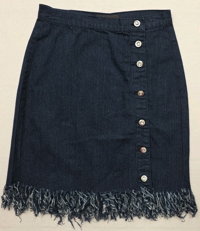 Women Midi Skirt Stretch Denim Size S No slit button down fray edge dark wash-image