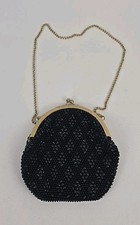 Vintage Small Black Beaded Evening Purse w/Brass Chain - Handmade in China